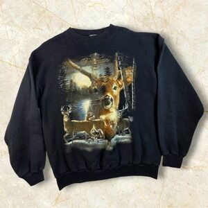 Vintage 90s Deer Sweatshirt Mens Size Large Black Pullover Animals Nature Tultex